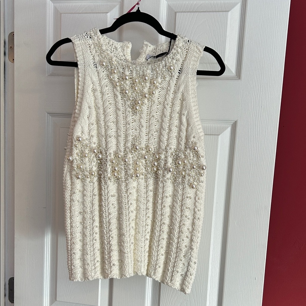 Zara White Knit Top with Pearl Embellishments